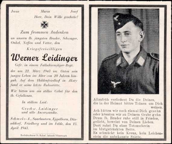 WW2 German Death Card Sterbebild Fallschirmjäger Regiment 3 1943 Lutshki