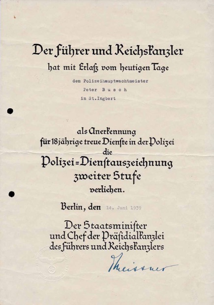 WW2 German Police Service Medal document 2nd Class Busch
