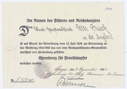WW2 German Hindenburg Cross document Polizei Busch