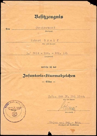 WW2 German Infanterie Sturmabzeichen in Silber Urkunde Infantry Assault Badge Document Silver Officer Kurland