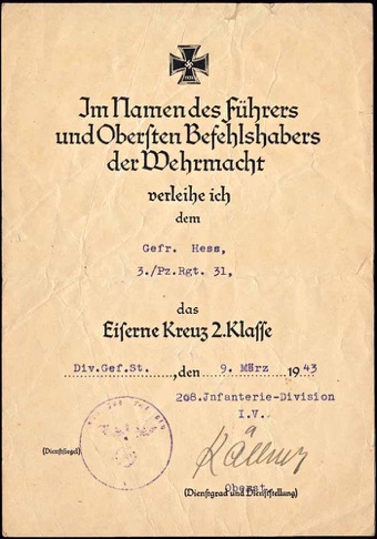 WW2 German Document Iron Cross 2nd Class Eisereskreuz 2 Klass Panzer Regiment 31