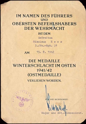 WW2 German Document Russian Front Medal Ostmedaille Winterschlacht im Osten Panzer Regiment 31