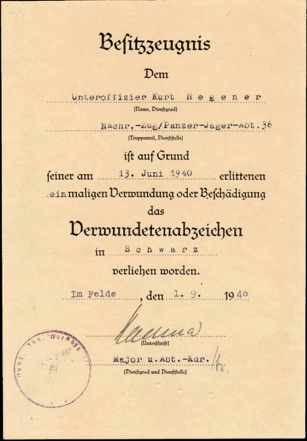 WW2 German Black Wound Badge Document Panzer Jaeger Abteilung 36 1940 Verdun