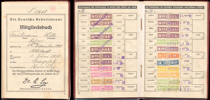 WW2 German Deutsche Arbeitsfront DAF Member Booklet with stamps