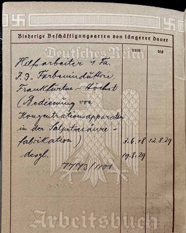 WW2 German Arbeitsbuch IG Farben Frankfurt Hoechst 1940