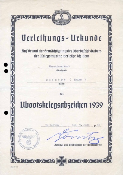 WW2 German Kriegsmarine  U-Boot Badge Document 1942 Heinz Beckert