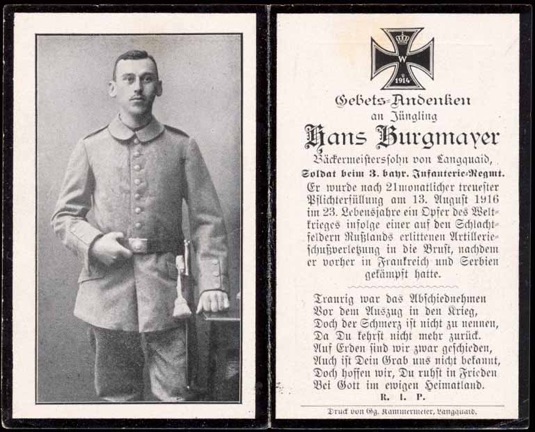 WW1 German Death Card Sterbebild Infantry killed Russia August 1916