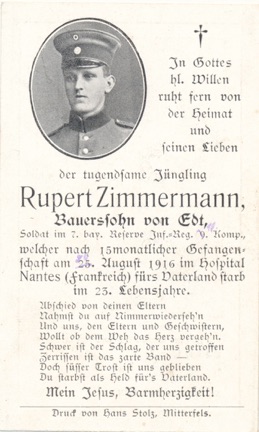 WW1 German Death Card Sterbebild POW Camp 15 months Nantes France