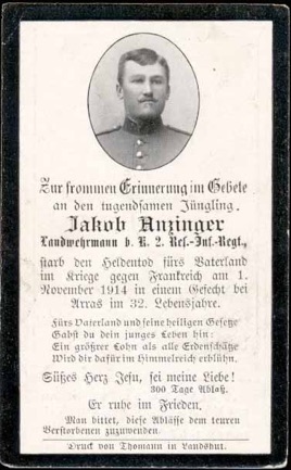 WW1 German Death Card Sterbebild Arras November 1914