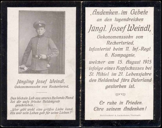 WW1 German Death Card Sterbebild Shot in head St. Michael 1915