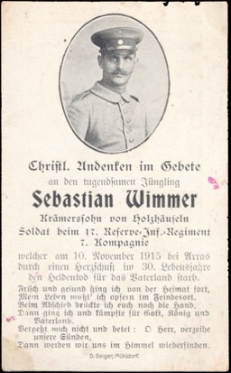 WW1 German Death Card Sterbebild Bavarian Infantry Arras 1918