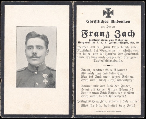 WW1 German Death Card Sterbebild Austrian 1916 Ukraine