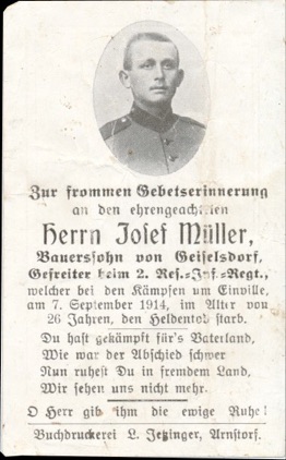 WW1 German Death Card Sterbebild Einville Maixe 1914 Gefreiter