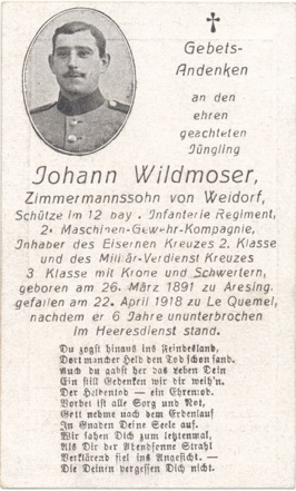 WW1 German Death Card Sterbebild Le Quemel 1918 Iron Cross