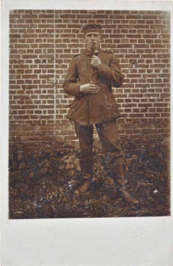Original WW1 German Postcard Photo Army Soldier with Pipe