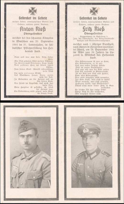 WW2 German Death Card Sterbebild Brothers Warsaw Uprising September 1944