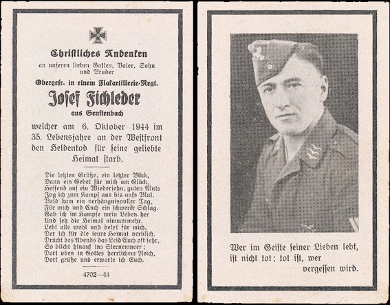 WW2 German Death Card Sterbebild Luftwaffe Flaf Artillerie West Front October 1944
