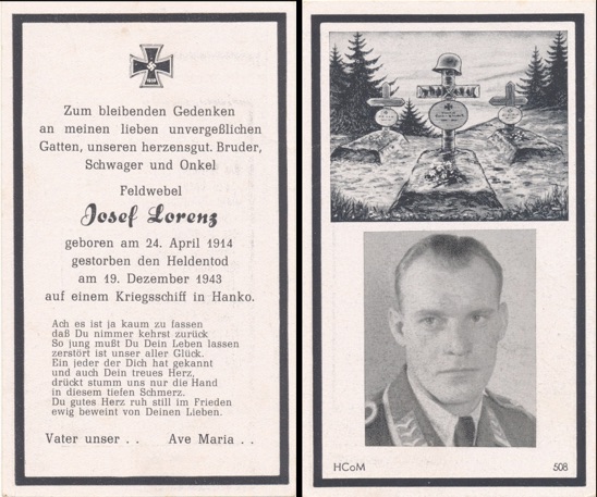 WW2 German Death Card Sterbebild Hanko Finland Convict ship shot 1943