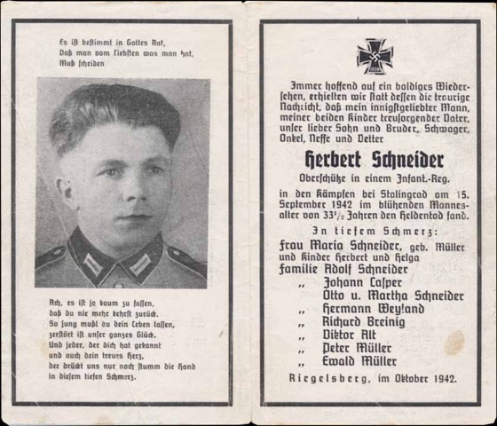 WW2 German Death Card Sterbebild Infantry Stalingrad 1942