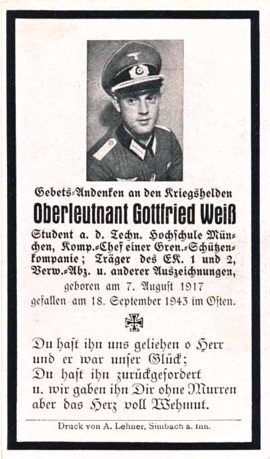 WW2 German Death Card Sterbebild Oberleutnant Gottfried Weiss Company Commander