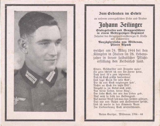 WW2 German Death Card Sterbebild Platoon Leader Gebirgsjaeger Italy 1944