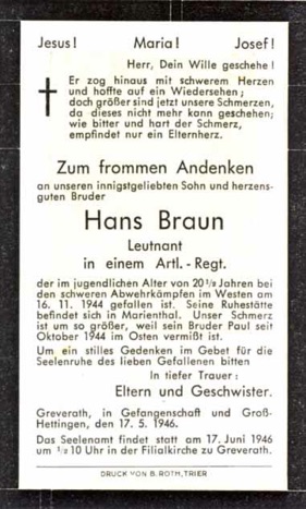 WW2 German Death Card Sterbebild Army leutnant Braun KIA FRance 1944