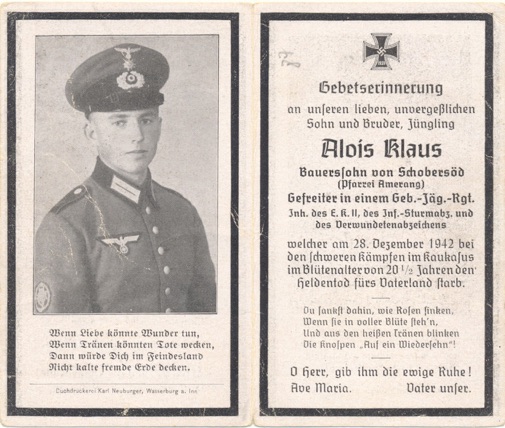WW2 German Death Card Sterbebild Gebirgs Jaeger Kaukasus 1942