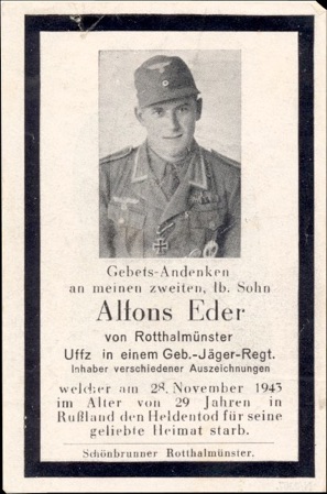 WW2 German Death Card Sterbebild 1943 Iron Cross, Infantry Assault Gebirgsjaeger