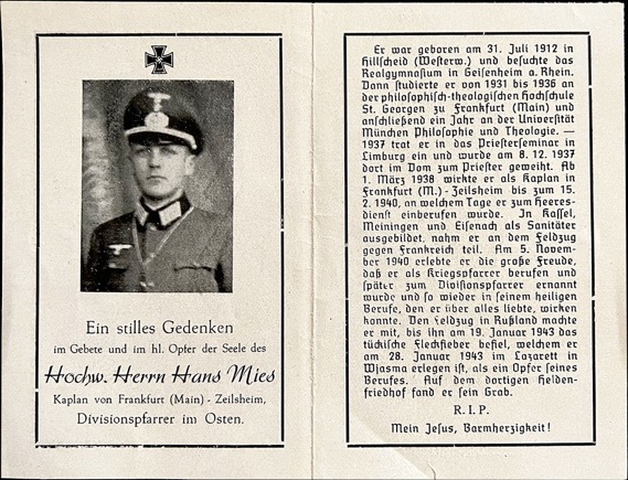 WW2 German Death Card Sterbebild Division Military Chaplain Priest Cross Photo