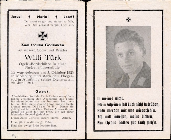 WW2 German Death Card Sterbebild Pilot School June 1944 Fliers Death