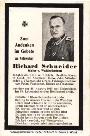 WW2 German Death Card Sterbebild German Cross in Gold KG Richard Schneider