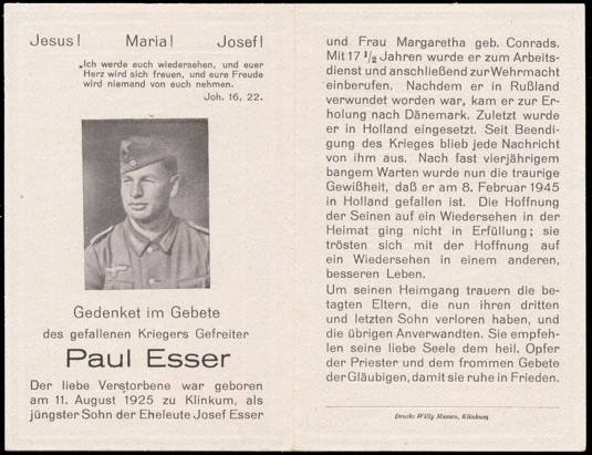 WW2 German Death Card Sterbebild Holland February 1945
