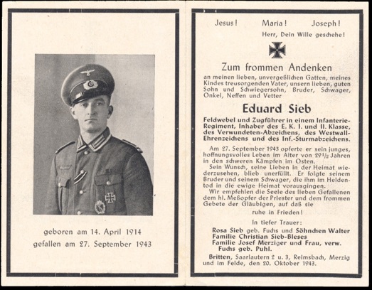 WW2 German Death Card Sterbebild Sicherung Regiment Iron Cross 1st