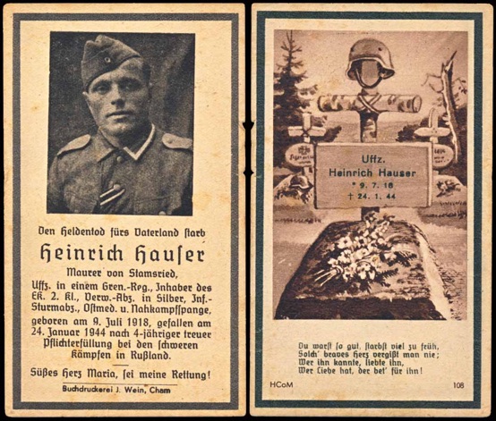 WW2 German Death Card Sterbebild Close Combat Clasp Nahkampfspange