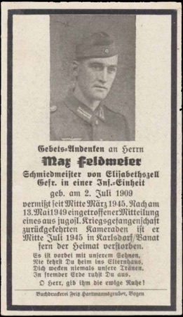 WW2 German Death Card Sterbebild Missing Serbia 1945 dead 1949