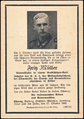 WW2 German Death Card Sterbebild Kradschuetzen Silver Wound Badge Poland