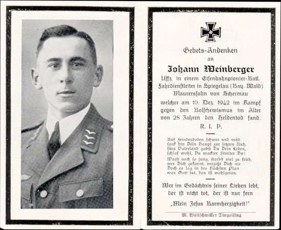 WW2 German Death Card Sterbebild Eisenbahnpionier Rossoschka Dec 1942