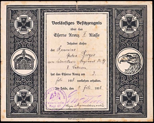 WW1 German Iron Cross 2nd Class award document