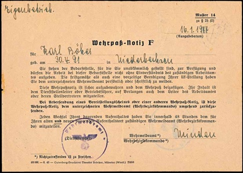 WW2 German Wehrpass Boeker Wehrpassnotiz Minden
