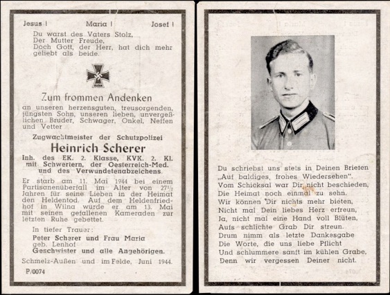 WW2 German Death Card Sterbebild SS Police Schutzen Reg 36 Partisans 1944